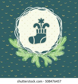 Christmas and New Year round frame with stocking symbol. Doodle illustration greeting card.