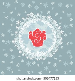 Christmas and New Year round frame with cupcake symbol. Doodle illustration greeting card.