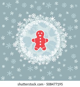 Christmas and New Year round frame with Gingerbread Man symbol. Doodle illustration greeting card.