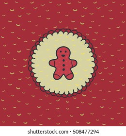 Christmas and New Year round frame with Gingerbread Man symbol. Doodle illustration greeting card.