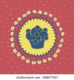 Christmas and New Year round frame with cupcake symbol. Doodle illustration greeting card.