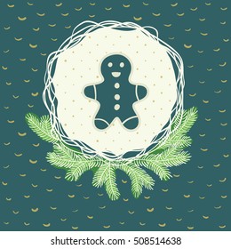 Christmas and New Year round frame with Gingerbread Man symbol. Doodle illustration greeting card.