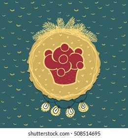 Christmas and New Year round frame with cupcake symbol. Doodle illustration greeting card.