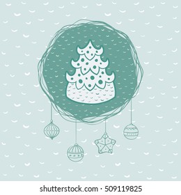 Christmas and New Year round frame with holiday pine tree symbol. Doodle illustration greeting card.