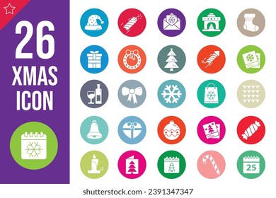 Christmas and New Year Round Icon Set Vector Illustration Isolated on Transparent Background