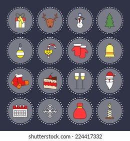 Christmas new year round icons set with bell socks cake isolated vector illustration