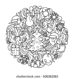 Christmas and New Year Round Pattern. Coloring page with black and white Xmas elements.