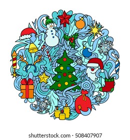 Christmas and New Year Round Pattern with Colorful Elements.