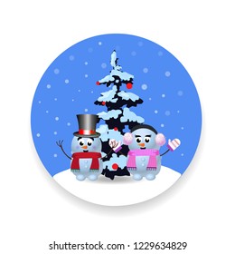 Christmas, new year round sign with cute cartoon snowman, snowgirl and xmas tree snow flakes isolated on white background. Vector illustration, icon, sticker, clip art, logo design element.