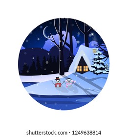 Christmas, new year round sign of winter snowy night landscape with little house and cute snowmen isolated on white background. Vector illustration, icon, sticker, clip art, logo design element.