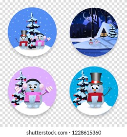 Christmas, new year round signs set with cute cartoon characters snowman, winter house and snow isolated on transparent background. Vector icons, stickers, clip art, buttons, logo, design elements.