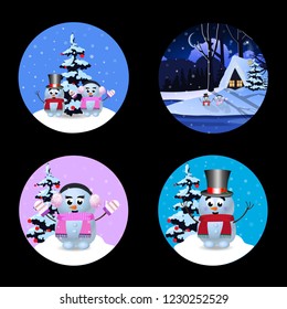 Christmas, new year round signs set with cute cartoon characters snowman, winter house and snow isolated on black background. Vector illustration, icons, stickers, clip art, buttons, design elements.