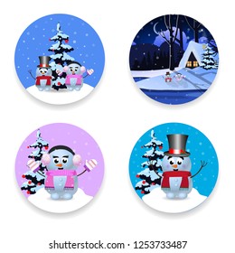 Christmas, new year round signs set with cute cartoon characters snowman, winter house and snow isolated on white background. Vector illustration, icons, stickers, clip art, buttons, design elements.
