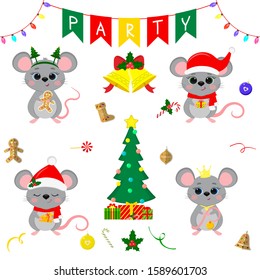 Christmas and New Year s party 2020. Set of four cute mouse rats in different costumes. Christmas trees, gifts, bells, sweets and other decor items. Cartoon style, Vector.