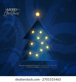 Navidades y árbol de Año Nuevo cortado en papel y decorado con una guirnalda de luces. Fondo azul colorido con trazos de pintura. Ilustración vectorial.