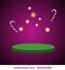 Christmas and New Year Sale. 3d design stage podium, round studio. Decorative festive, Xmas purple background. Vector illustration.