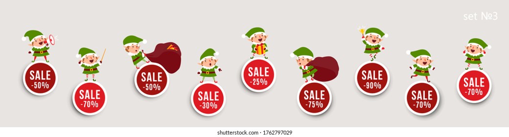 Christmas New Year sale, advertising stickers with elves and discounts, vector isolated elements for festive design. Set 3