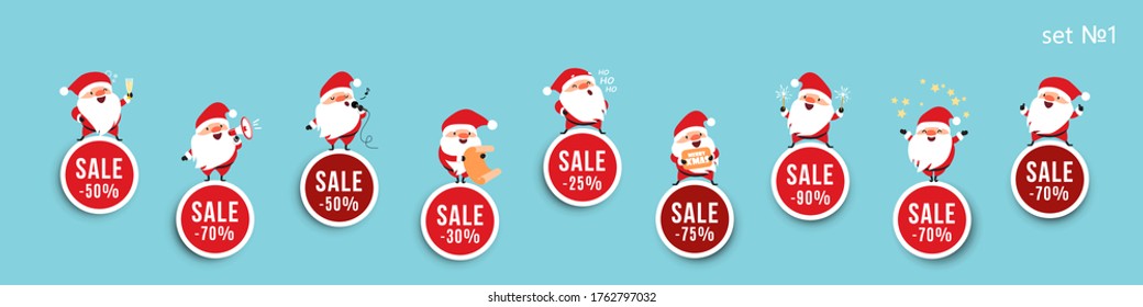 Christmas New Year sale, advertising stickers with Santa Claus and discounts, vector isolated elements for festive design. Set 1