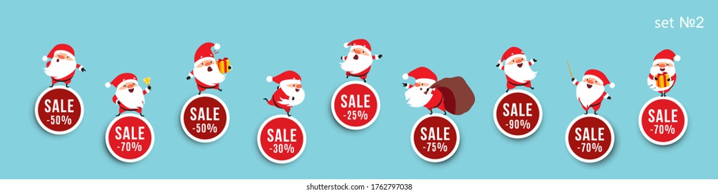 Venta de Año Nuevo de Navidad, pegatinas publicitarias con Santa Claus y descuentos, elementos aislados vectoriales para el diseño festivo. Establecer 2