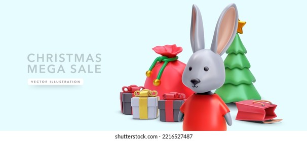 Christmas and New Year sale background with 3d realistic rabbit, Christmas trees, gift, shopping bag. Vector illustration