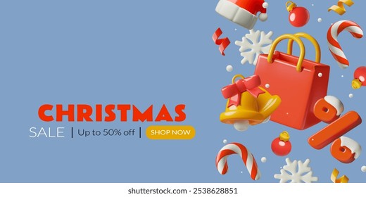 Christmas and New Year sale background. Red 3d realistic shopping bag, holiday bells and cute white snowflakes. Festive winter promo banner design. Vector illustration.