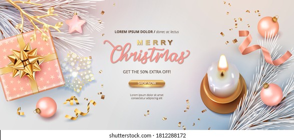 Christmas and New Year Sale Banner. Top view of a realistic vector Christmas composition of a burning candle in an old copper candlestick, a Christmas gift and silver fir branches. 3D illustration