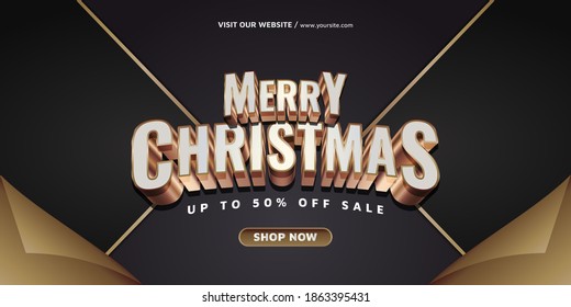 Christmas and New Year sale banner with 3d gold text on elegant abstract background in wrapping paper concept. Greeting card, banner, poster