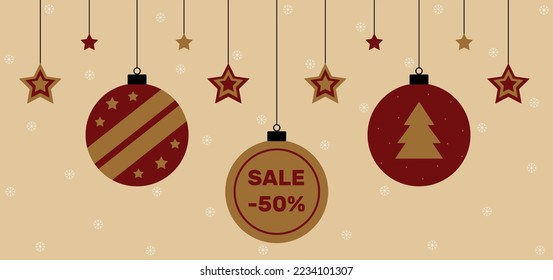 Christmas and New Year sale banner. Christmas balls and stars in gold and dark red colours on light golden background with snowflakes. Discount poster. Special offer. Vector illustration.