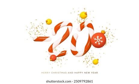 Christmas and New Year sale banner. 20 percent off. Ad background with 3d mint candy numbers, Christmas balls, golden confetti. Seasonal discount offer for Christmas and New Year holiday.