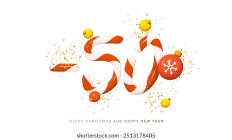 Christmas and New Year sale banner. 50 percent off. Ad background with 3d mint candy numbers, Christmas balls, golden confetti. Seasonal discount offer for Christmas and New Year holiday.