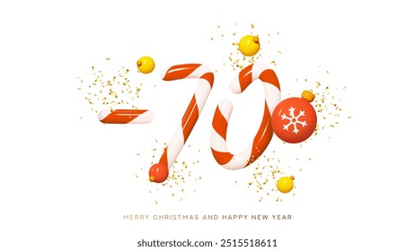 Christmas and New Year sale banner. 70 percent off. Ad background with 3d mint candy numbers, Christmas balls, golden confetti. Seasonal discount offer for Christmas and New Year holiday.