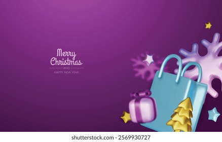 Christmas and New Year Sale. Bright realistic 3d holiday object design, shopping bag, gift box. Promo sale, advertising banner, web poster. vector illustration