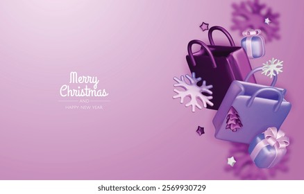 Christmas and New Year Sale. Bright realistic 3d holiday object design, shopping bag, gift box. Promo sale, advertising banner, web poster. vector illustration