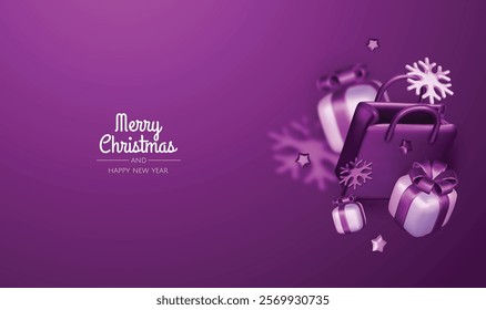 Christmas and New Year Sale. Bright realistic 3d holiday object design, shopping bag, gift box. Promo sale, advertising banner, web poster. vector illustration