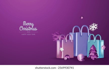 Christmas and New Year Sale. Bright realistic 3d holiday object design, shopping bag, gift box. Promo sale, advertising banner, web poster. vector illustration