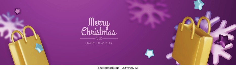 Christmas and New Year Sale. Bright realistic 3d holiday object design, shopping bag, gift box. Promo sale, advertising banner, web poster. vector illustration
