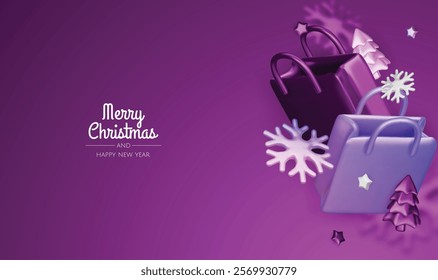Christmas and New Year Sale. Bright realistic 3d holiday object design, shopping bag, gift box. Promo sale, advertising banner, web poster. vector illustration