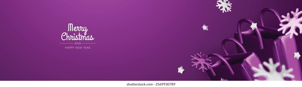Christmas and New Year Sale. Bright realistic 3d holiday object design, shopping bag, gift box. Promo sale, advertising banner, web poster. vector illustration