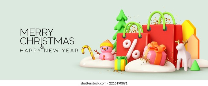 Christmas and New Year Sale. Colorful bright realistic 3d holiday object design, shopping bag, gift box, white snowdrift. Promo sale, advertising banner, web poster. vector illustration