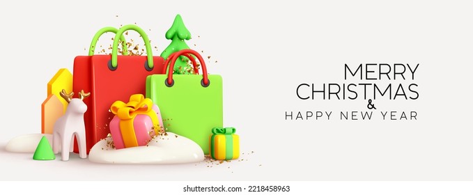 Christmas and New Year Sale. Colorful bright realistic 3d holiday object design, shopping bag, gift box, white snowdrift. Promo sale, advertising banner, web poster. vector illustration