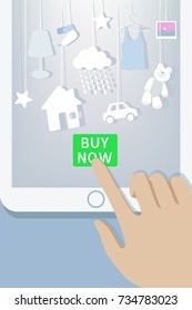 Christmas and New Year sale. Customer buyer makes order on mobile app buy presents, prepare to xmas, among gift boxes and packages. Winter holidays sales. Online shopping concept.