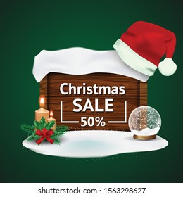 Christmas and New year Sale with Christmas Decorations in Wood Background Vector