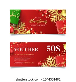 Christmas and New Year sale gift voucher. Vector illustration with realistic red and green gift boxes, garlands, Xmas balls, snowflakes and confetti. Discount coupon usable for invitation or ticket.