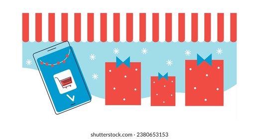 Christmas and New Year Sale. Gift boxes, shopping bags. Decorative festive elements, present box surprise. Vector illustration