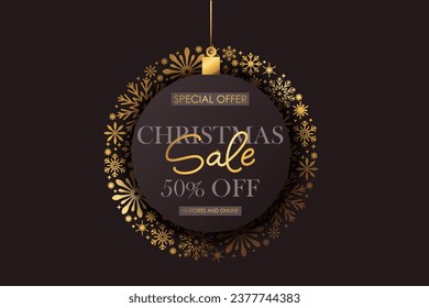 Christmas and New Year sale hoiday shop banner. Golden shiny snowflakes. Chic elegant, festive card, cover, voucher design.