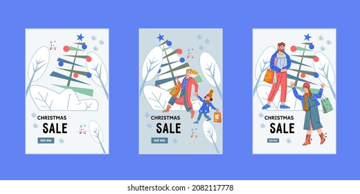 Christmas and new year sale onboarding screen kit, web or social media banner, flyer or poster templates set. Xmas holiday banner  or mobile app page  with people buy gifts, flat vector illustration.