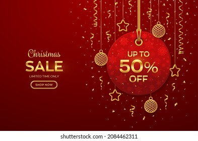 Christmas and New Year sale price tag. Realistic red tag hanging on gold rope. Discount label with golden stars, balls, confetti. Xmas banner, advertising, marketing price tag. Vector illustration.