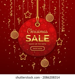 Christmas and New Year sale price tag. Realistic red tag hanging on gold rope. Discount label with golden stars, balls, confetti. Xmas banner, advertising, marketing price tag. Vector illustration.