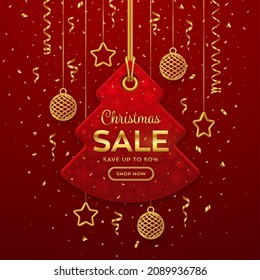 Christmas and New Year sale price tag. Realistic red tag hanging on gold rope. Discount label with golden stars, balls, confetti. Xmas banner, advertising, marketing price tag. Vector illustration.