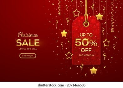 Christmas and New Year sale price tag. Realistic red tag hanging on gold rope. Discount label with golden stars and confetti. Xmas banner design, advertising, marketing price tag. Vector illustration.